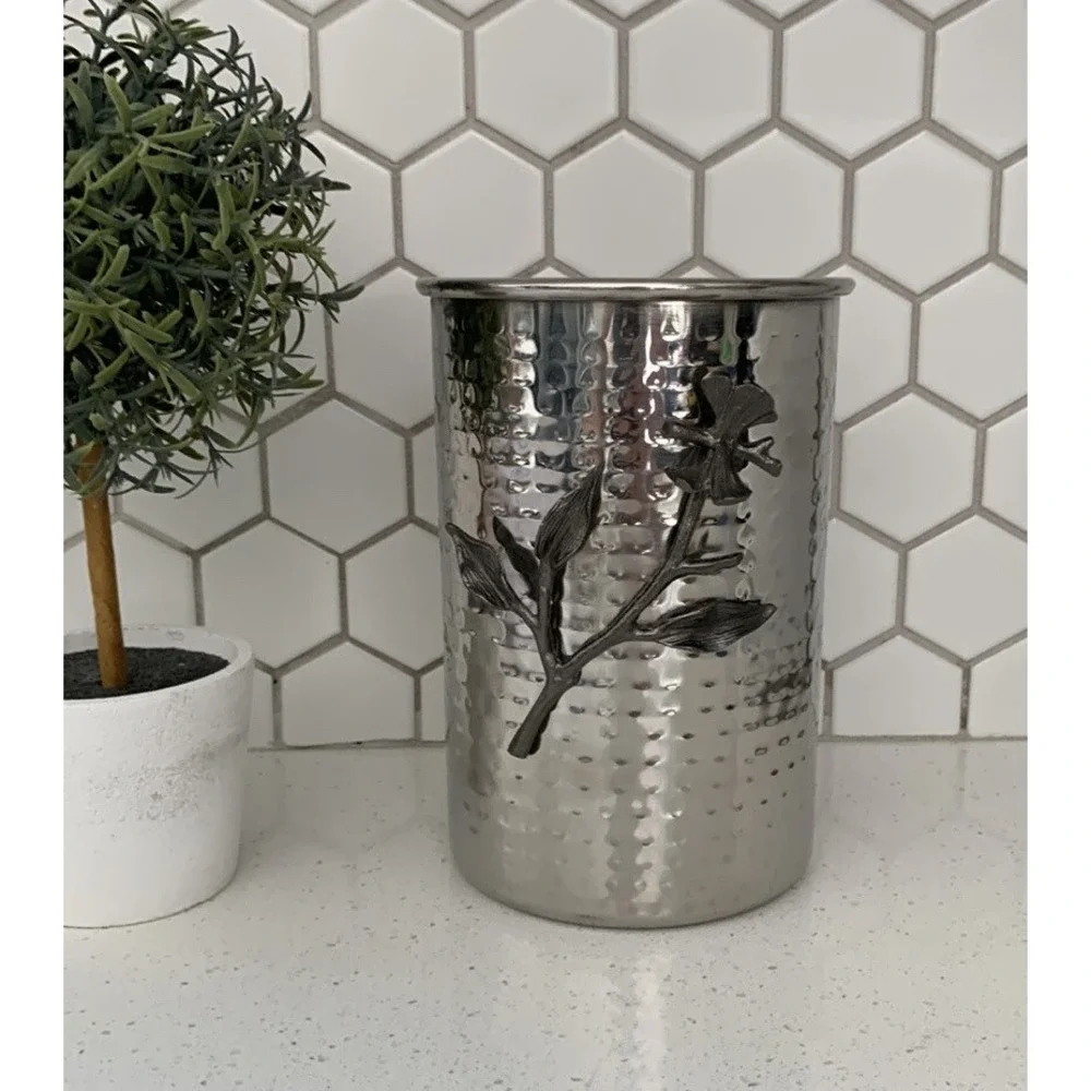 Stainless steel‎ vase with Dark silver vine 3D utensils holder hammered Metal